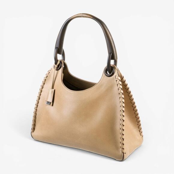 Gucci Handbags - Y2k Gucci Bag Whipstitch Wood Handle Purse Beige Leather